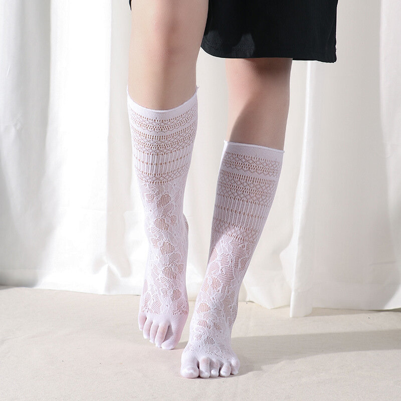 Calcetines largos de nailon para mujer, medias finas de encaje transparente, transpirables, a la moda, para verano, 5 dedos, 3 pares