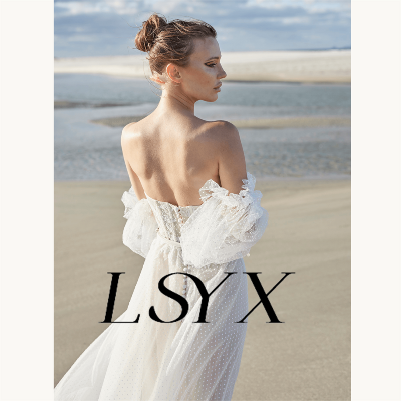 Lsyx-ノースリーブチュールレースウェディングドレス,裸の肩,パフ,ノースリーブ,ボタンバック,Aライン,コート,電車,ブライダルガウン,カスタムメイド