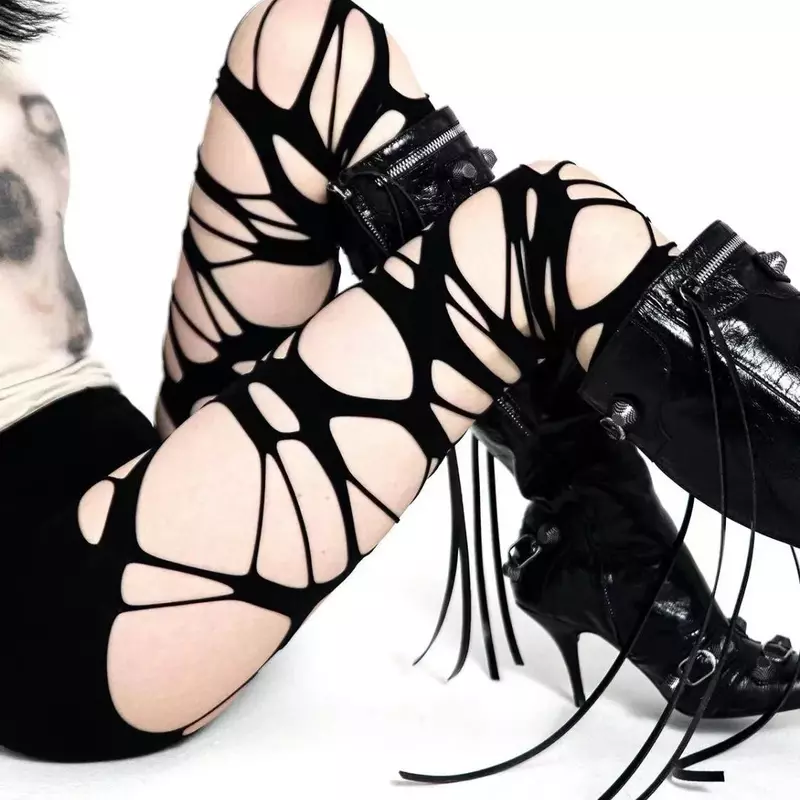 Stoking wanita seksi berlubang tali robek Punk hitam Halloween kaus kaki pakaian dalam pesta kaus kaki ketat kasar Y2k