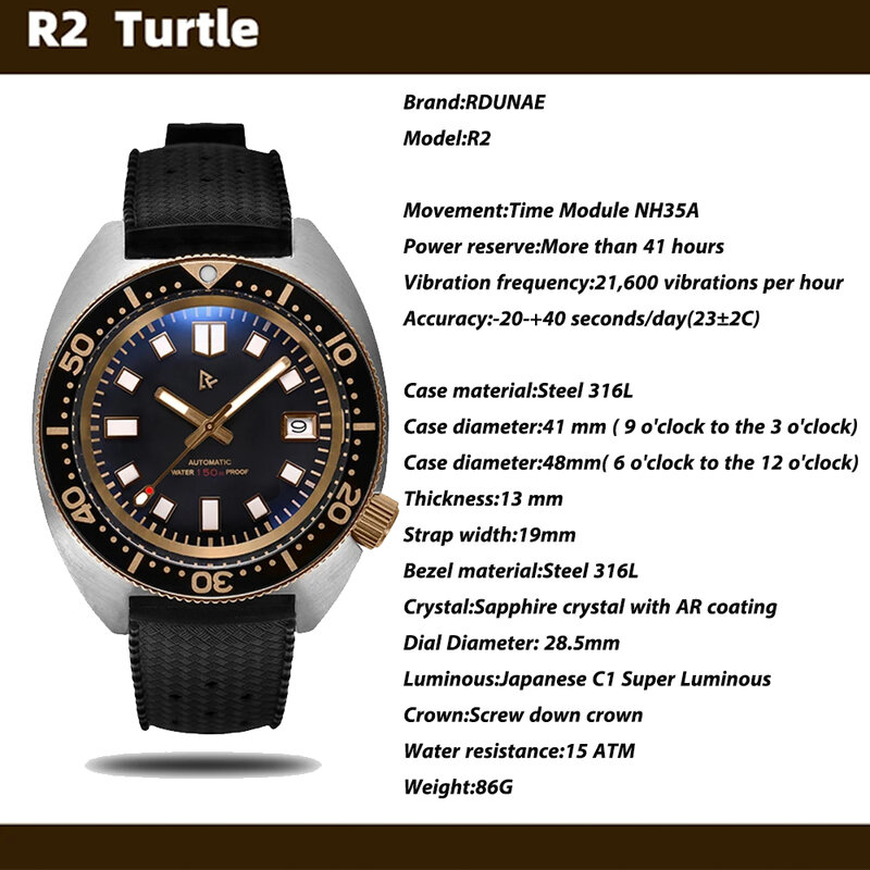 RDUNAE/RETANGULA R2 터틀 남성용 기계식 시계 브랜드, 사파이어 유리, 스테인리스 스틸 스포츠 방수 시계