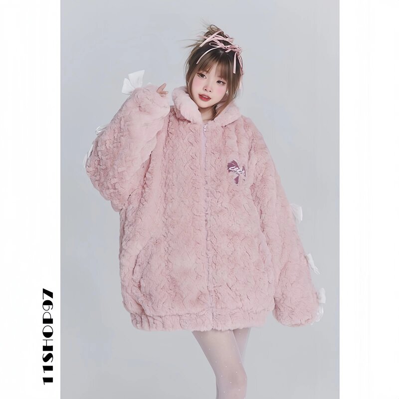 Faux Lamb Fur Coat for Women, Korean Bow Jacket, Loose Long Overcoat, Thick Warm Female Clothing, High Quality, New, Winter