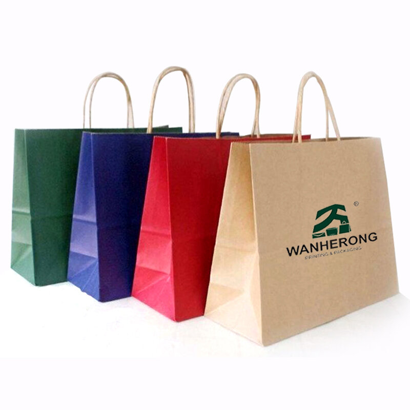 Bolsas de compras biodegradables con asa, embalaje de papel kraft marrón, producto personalizado