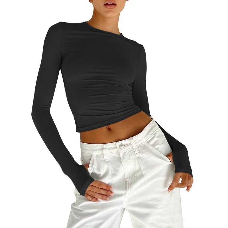 여성용 Y2k 슬림핏 긴팔 티셔츠, 단색 캐주얼 풀오버, 기본 티, 스트리트웨어, 섹시한 손가락 단추 크롭 탑, 가을