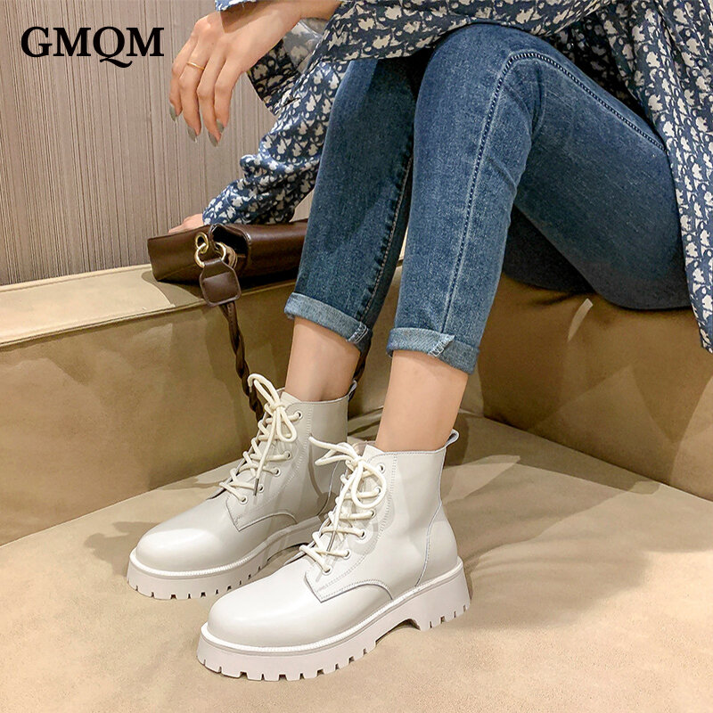 GMQM moda damska prawdziwa skórzana platforma botki nowa jesień zima ciepła plusz gruby podeszwa sznurowane buty w stylu brytyjskim