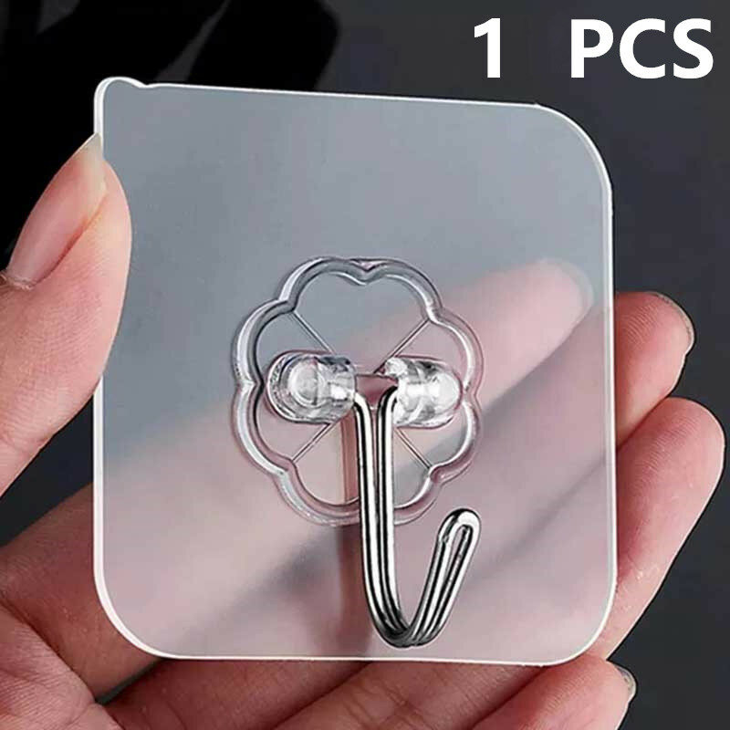 1PCS Transparent Stainless Steel Strong Self Adhesive Hooks Key Storage Hanger for Kitchen Bathroom Door Wall Multi-Function