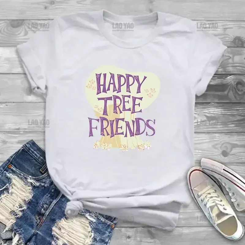 New T-shirt Cartoon Pattern Happy Tree Animated Top Men and Women Can Wear Fashion Short-sleeved O Collar Clothing