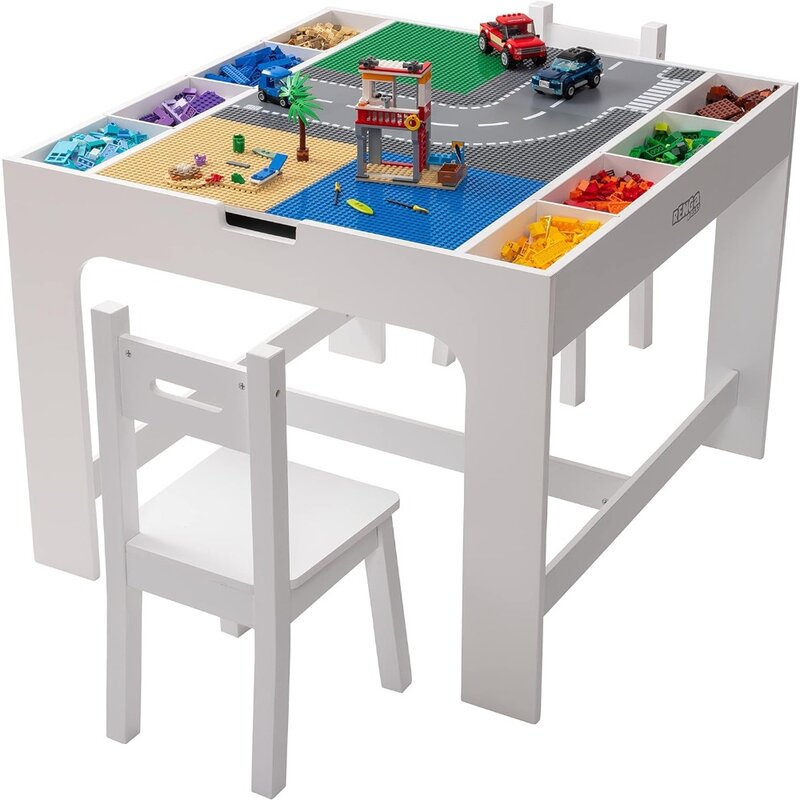 Kids 2 in 1 Play Table and 2 Chair Set with Storage, Compatible with Lego and Duplo Bricks, Activity Table Playset Furniture