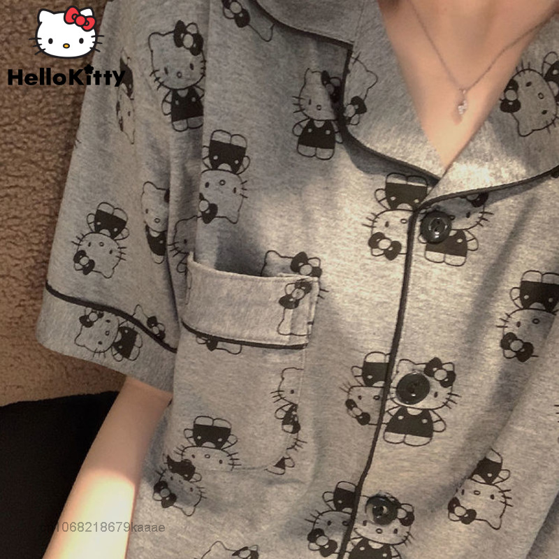 Sanrio New pigiama Hello Kitty Summer Home Clothes abito in cotone donna Soft 2 pezzi Set Y2k Cardigan manica corta Top pantaloncini larghi