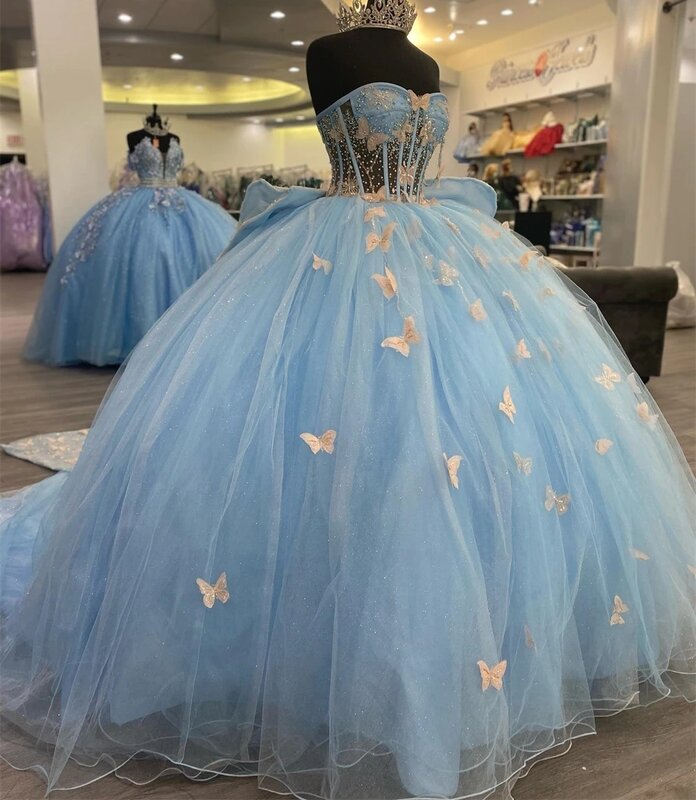 Błękitna księżniczka Quinceanera sukienka balowa ukochana tiulowa aplikacje słodkie 16 sukienek 15 Años meksykańskie