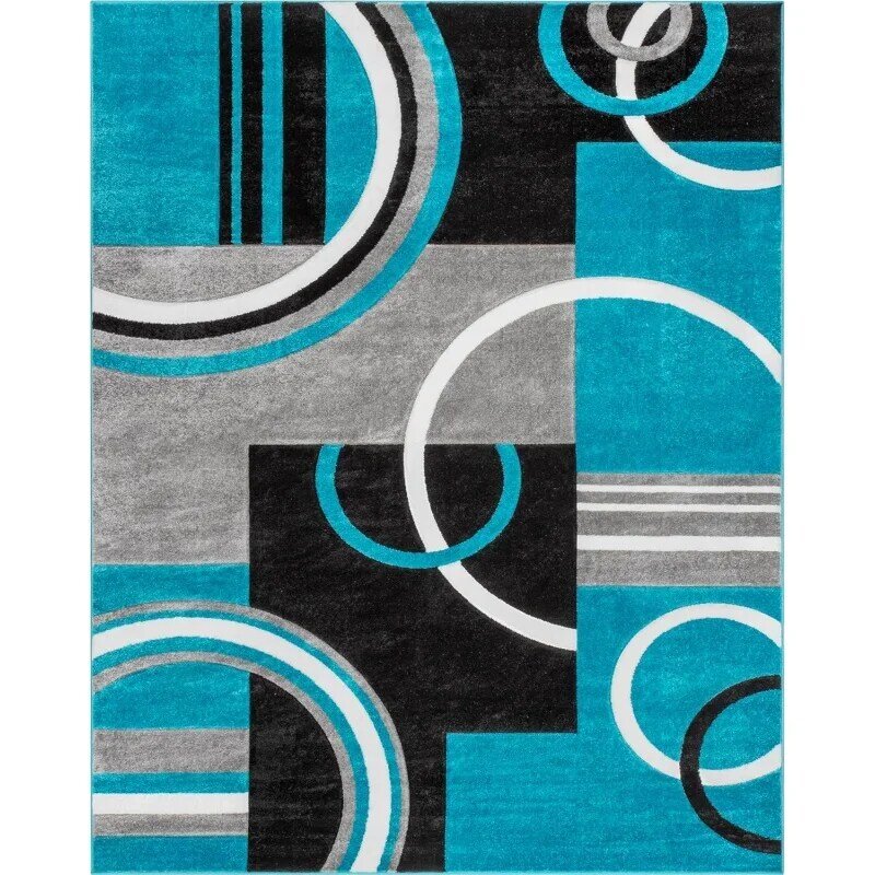 Alfombra geométrica de rubí bien tejida, alfombra de área de 9x13, azul azulado, gris, vibrante, moderno, contemporáneo, diseño de círculos tallados a mano, perfecto para la vida
