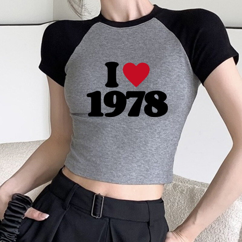 I love-女性用半袖Tシャツ,ラウンドネックのセクシーなカジュアルストリートウェア,原宿スタイル,2k,1982