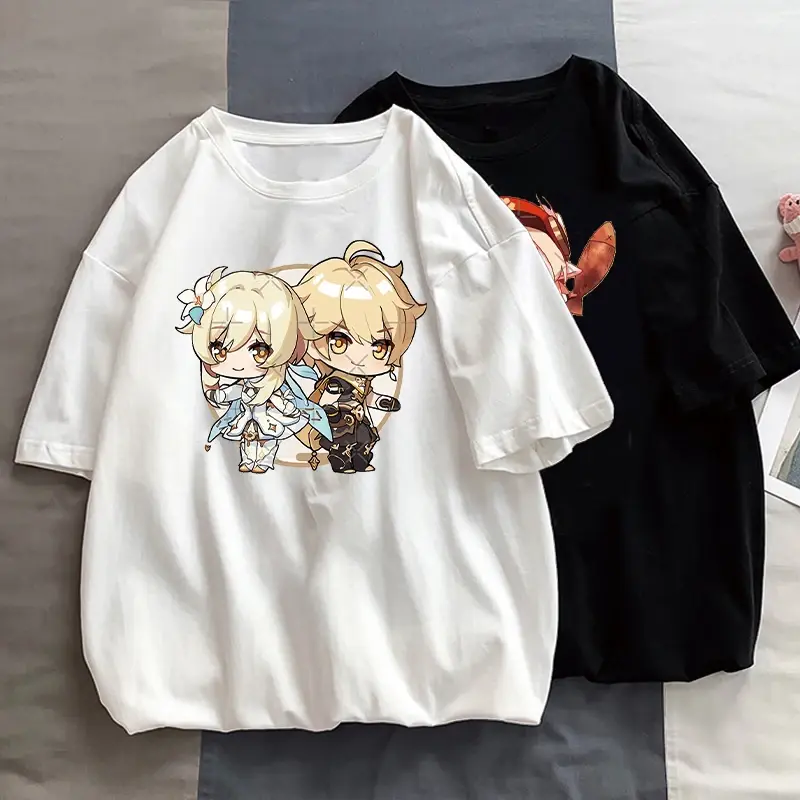 Camiseta com estampa do jogo Genshin Impact Game feminino, streetwear Harajuku, kawaii, Lumine Klee, roupas gráficas de desenho animado, tops casuais, novo