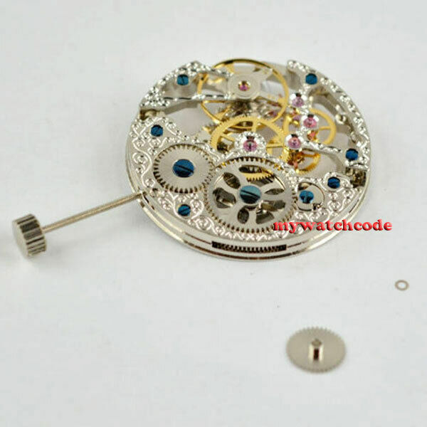 Relógio mecânico prata esqueleto, 17 jóias movimento, corda manual, 6497