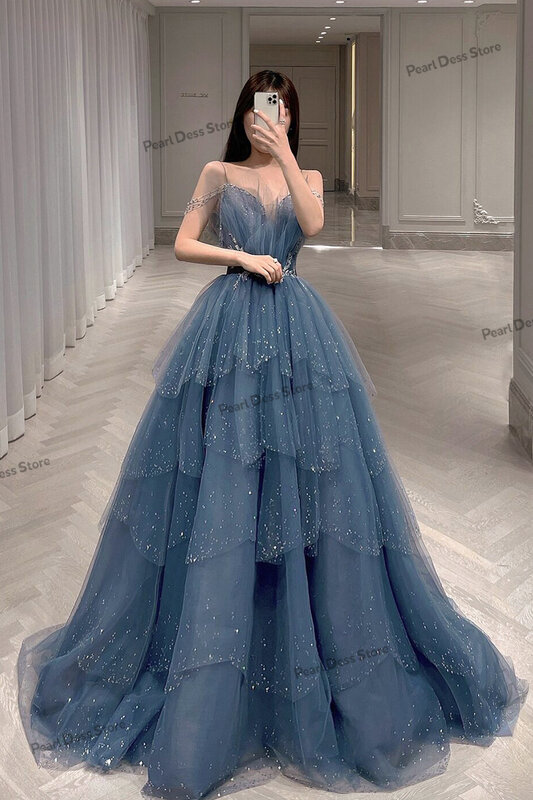 فستان سهرة من التل الأزرق ، فستان طويل فاخر ، فستان كرة خرافية ، مناسب للمناسبات الخاصة ، طبقات ، فستان أميرة لامع ،