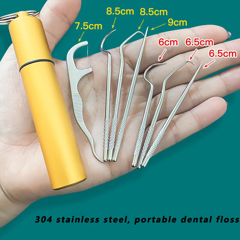 2Pcs Creative Oral Cleaning Toothpick Set Portable Dental Floss Pick Reusable Tooth Tartar Removal Tool Keychain Stainless Steel