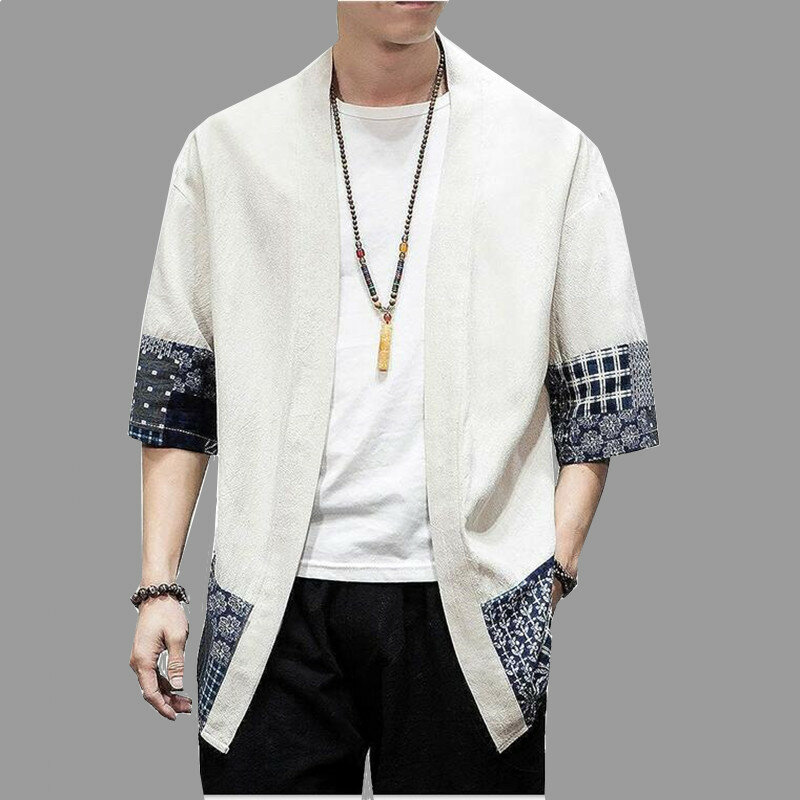 Japońskie Kimono sweter męski luźna, bawełniana lniany z 3/4 rękawami z przodu w stylu Casual, letnia kurtki