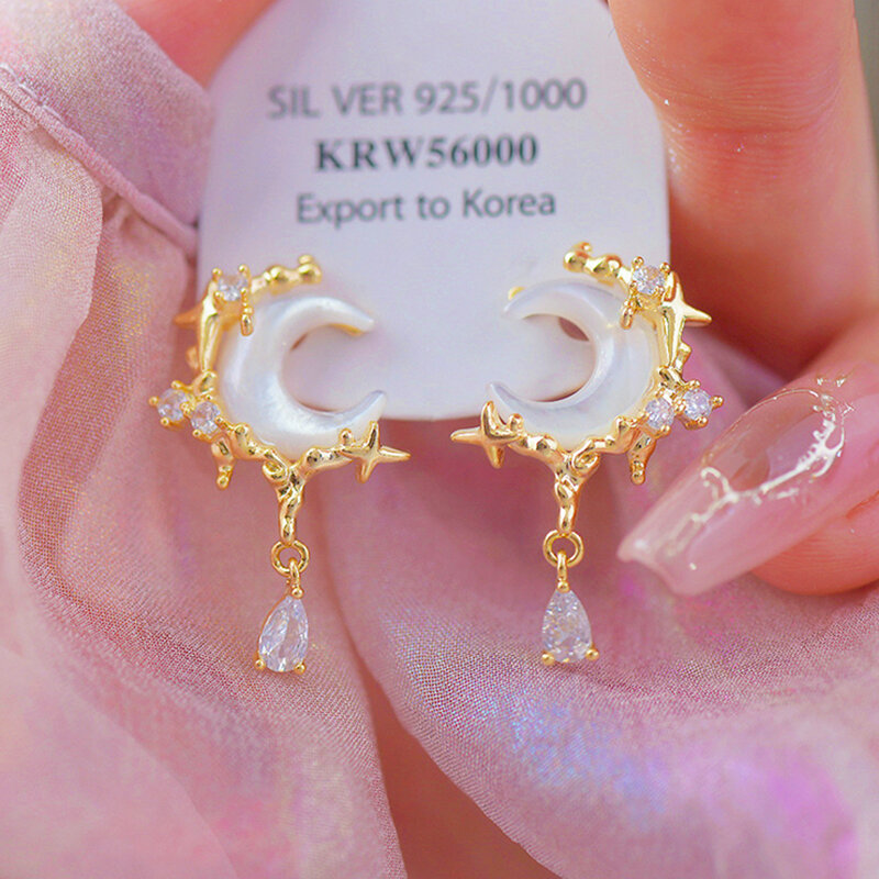 أقراط قطرات ماء زركون قمر بيمو طبيعية للنساء ، مجوهرات مزاجية رائعة ، إبرة فضة S925 ، مطلية بالذهب عيار 14