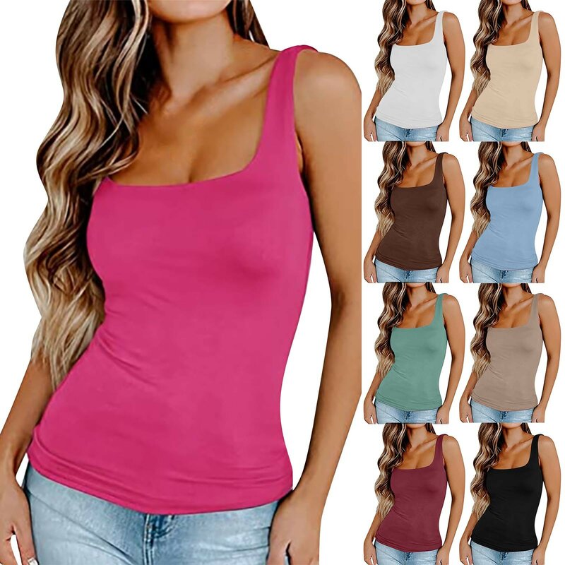 Women Wide Strap Camis Solid Sleeveless Square Neck Sling Tank Tops Summer Casual Female Vests Crop Tops Streetwear Y2K Clothing