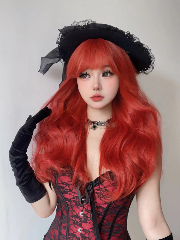 Lolita Wizard pelucas sintéticas con flequillo para mujer, cabello largo ondulado Natural, Color rojo, 24 pulgadas, fiesta de Cosplay diaria, resistente al calor