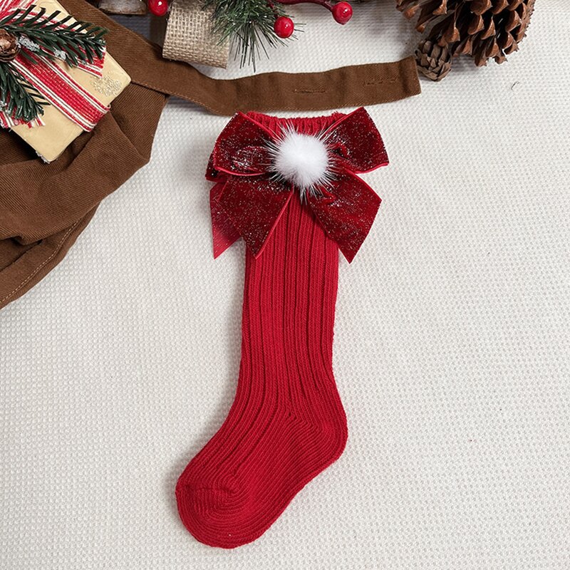 2023 Christmas Baby Girls Socks Toddle Kids Solid Cotton Sparkling Big Butterfly Long Socks Toddler Soft Thicken Warm Socks