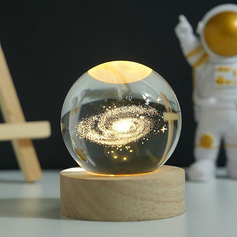 Faux Ball Decoration 3d Engraved Solar System Ball Night Light with Wooden Base Led Lamp Desktop Decoration Birthday for Space