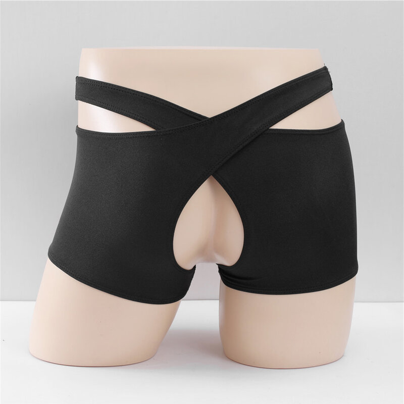Open Crotch Men's Boxer Briefs Cross Bandage Low Waisted Short Underpants Cotton Solid Color Comfortable Panties Lingerie