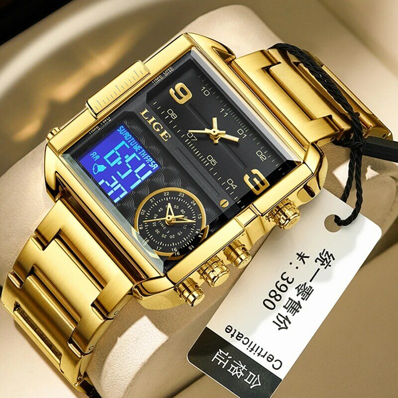 LIGE męskie zegarki luksusowe oryginalny wodoodporny zegarek ze stali nierdzewnej dla mężczyzn wielofunkcyjny zegarek kwarcowy złoty zegarek męski