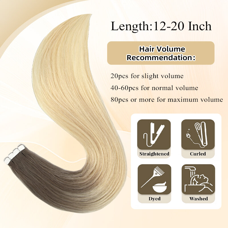 Neitsi-Cinta Invisible Ins extensiones de cabello Natural, adhesivo Real, cabello humano liso de 12 "-24", cabello de trama de piel sin costuras no Remy