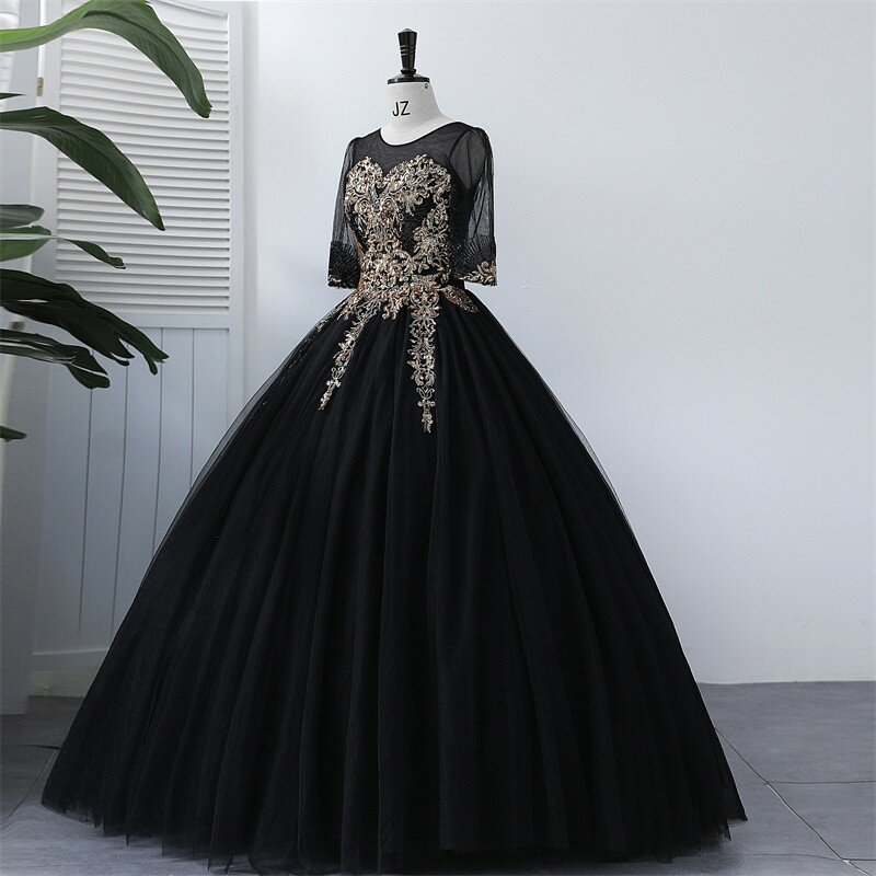 Ashley Gloria czarna sukienka na imprezę klasyczne sukienki Quinceanera Suknia balowa z elegancka, długa rękawem Plus rozmiar suknia wieczorowa dla dziewczynek