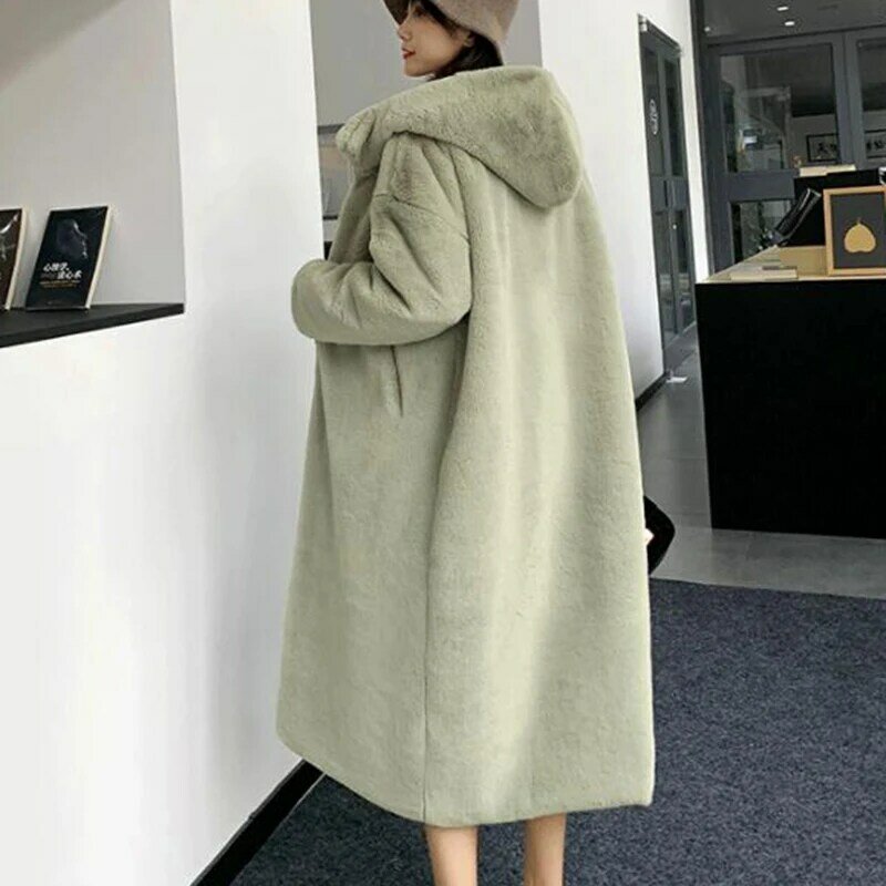 VOLALO-Casaco longo de pele de coelho falso para mulheres, casaco solto de lapela grosso e quente, pelúcia feminina de alta qualidade, luxo, inverno