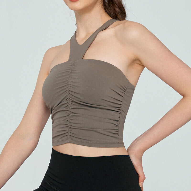 Sports bra with sexy and beautiful back three-dimensional pleats hanging neck yoga vest with chest pad
