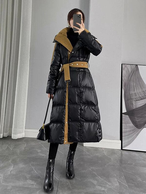 Winter Down Jacket Large Natural Fox Fur Collar Hooded Thick White Duck Down Coat Women Long Parka Female Overcoat With Belt