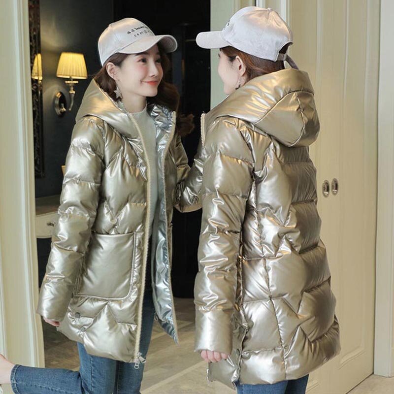 Shiny Down Women's Mid-length 2023 Winter New Korean Version Slim Hooded Thickened Padded Lady
