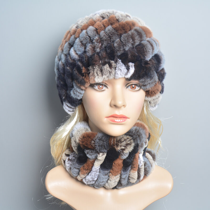 Conjunto de bufanda y sombrero de piel de conejo Rex Real para mujer, bufandas de piel de conejo Rex cálidas naturales, sombrero de Invierno para mujer