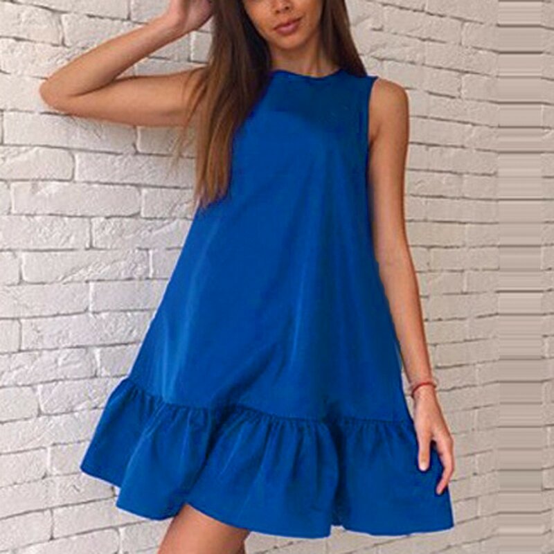 캐주얼 민소매 O 넥 플리티드 스윙 드레스 여성용, 패션 조끼 드레스 단색 여름 맞춤 플레어 드레스 2023