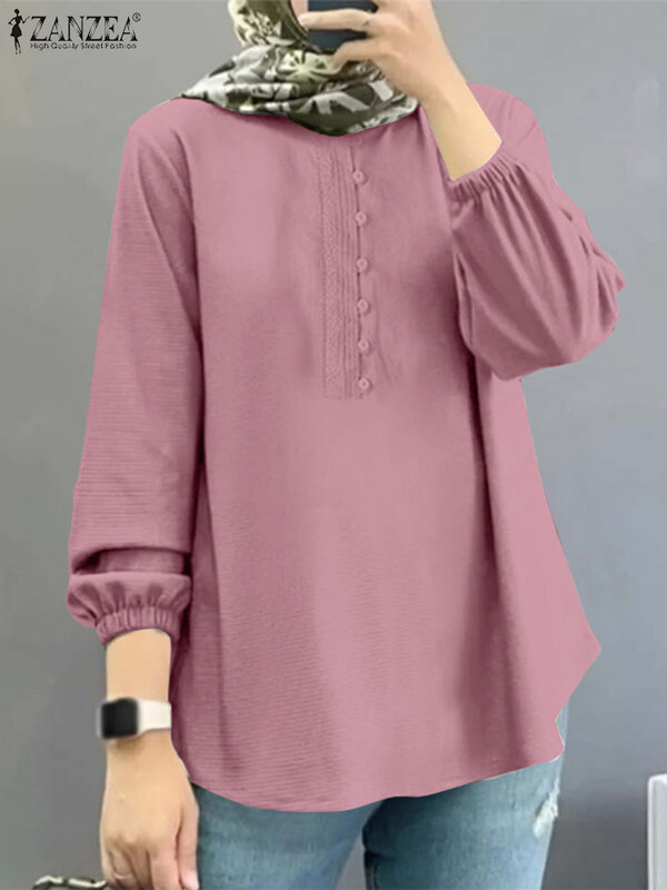2023 винтажная мусульманская блузка ZANZEA, Женская Повседневная кружевная рубашка, блузы, одежда в исламском стиле, осенние модные топы с круглым вырезом и длинным рукавом