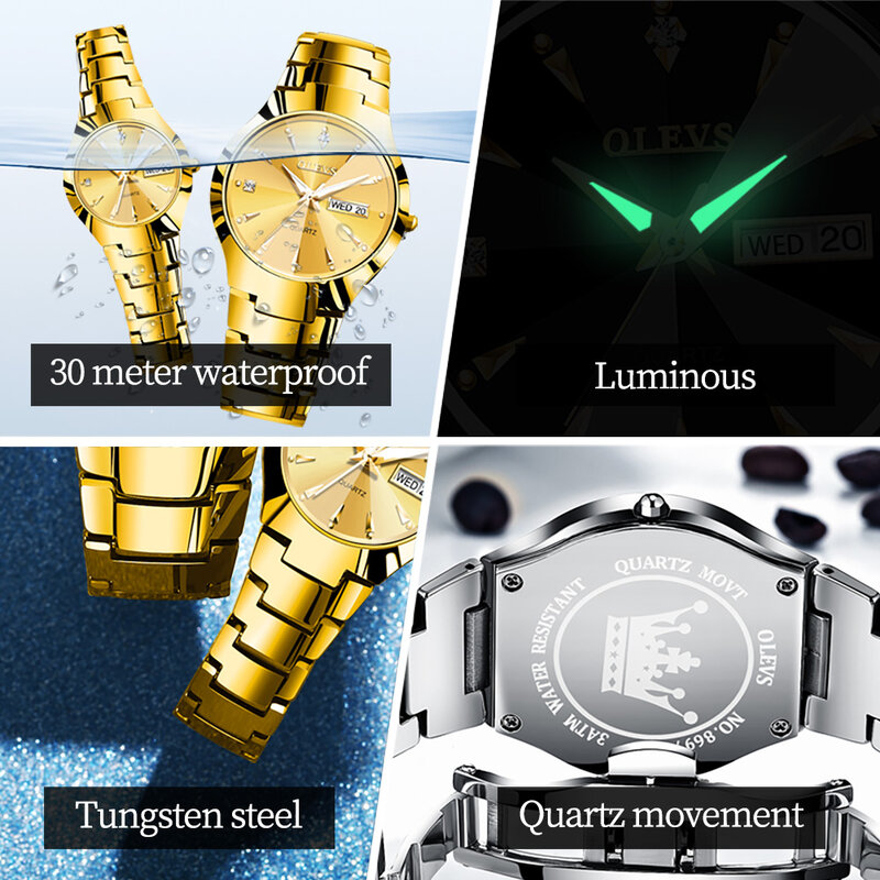 OLEVS 텅스텐 스틸 스트랩 쿼츠 시계, 남녀 커플 세트, 마름모 거울, 방수 날짜 표시, 연인 손목 시계