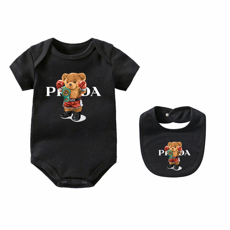 Designer Kinder niedlichen Bären Buchstaben drucken Stram pler mit Lätzchen reine Baumwolle Neugeborenen Baby Overalls für Mädchen Jungen Kinder Kleidung Bodysuit