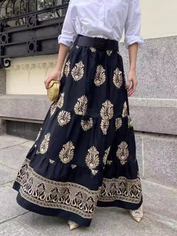 Nadruk w stylu Vintage spódnica damska moda na co dzień sznurek z elastyczną talią luźne długie spódnice damski, wiosenny letnie nowa odzież