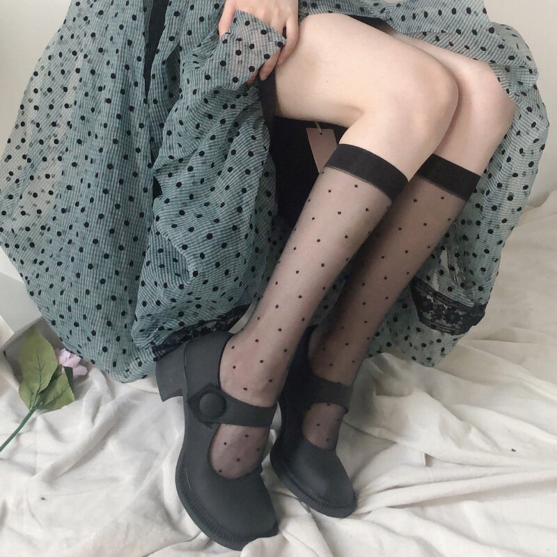 Medias con estampado de lunares para mujer, calcetines hasta la rodilla, nailon suave, elástico, rejilla, Lolita, lindo, moda, pierna larga, negro