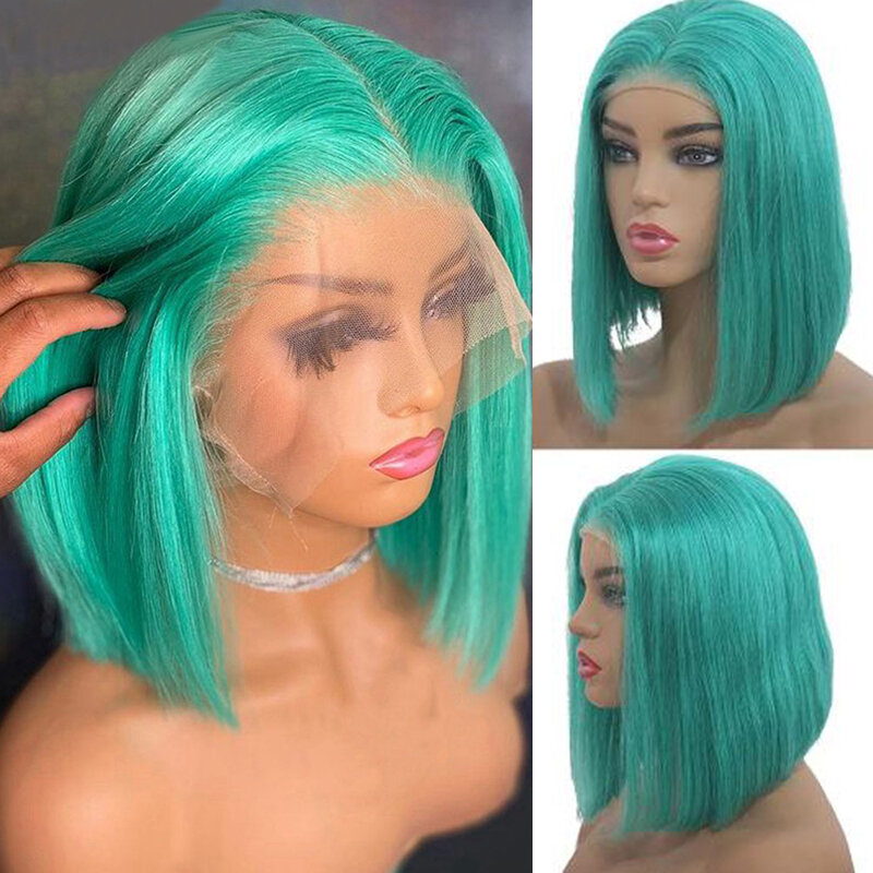 Prosta krótki Bob fryzura Pixie kolor zielony część T/13x4 HD przezroczysta koronkowa peruka z ludzkich włosów frontalna peruka dla kobiety wstępnie oskubane