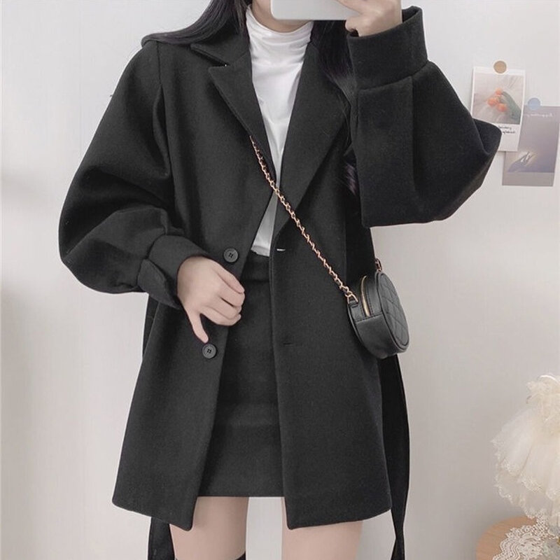 Autumn and Winter Fashion Wool Blended Black Long-sleeved Lapel Coat Women's Belt Slim Korean Coat All-match Women's Clothing