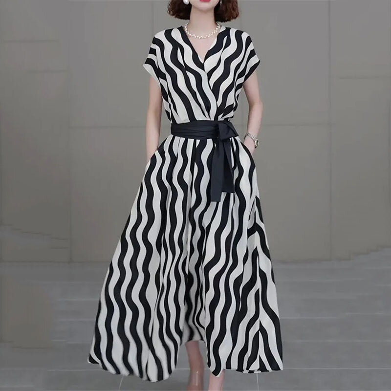 Summer New Ladies Temperament Fashion Slim Contrast Stripe Stitching Knee-Length Dress Ladies Plus Size Big Dresses Vestidos