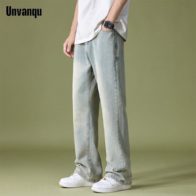 Modne ulica Harajuku dżinsy męskie Unvanqu letnie cienkie lodowy jedwab szerokie spodnie nogi Retro prosta luźne proste spodnie jeansowe