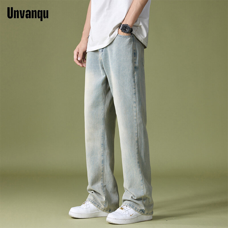 Unvanqu-Calça jeans fina de seda gelo masculina, calça jeans reta, perna larga, retrô simples solta, casual moda de rua, harajuku, verão