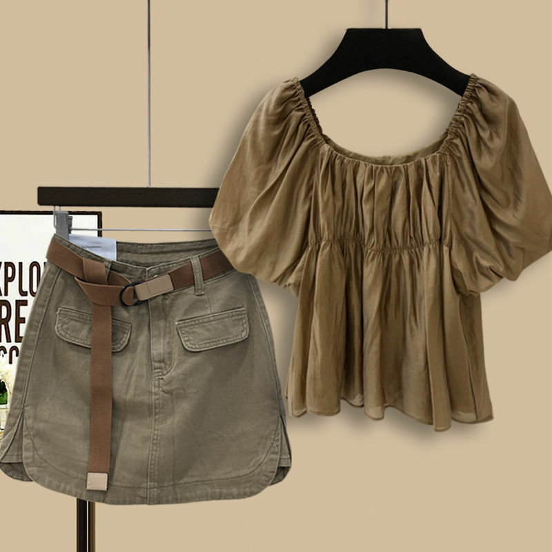 Новинка летняя рубашка в горошек с воротником-стойкой женская шифоновая модная универсальная цветная юбка цвета хаки с коротким рукавом комплект из двух предметов