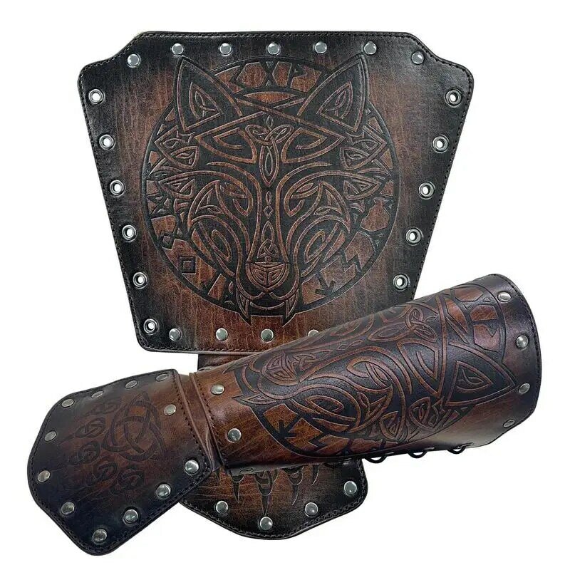 Viking couro pulseiras de couro do falso braceletes lobo cabeça pulso guarda suprimentos para cosplay festas palco mostra dia das bruxas