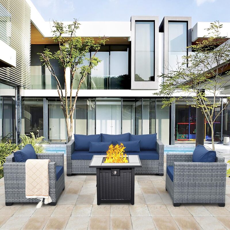 4PCS Wicker Patio Furniture Sets Outdoor Conversation Set PE Rattan Sectional Sofa with Storage / Fire Pit Table and Cushions