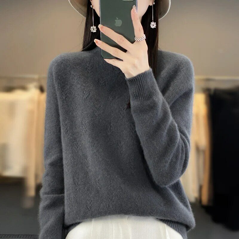 100% pure wool semi-high neck autumn and winter new hollow loose fashion knitted wool bottoming shirt