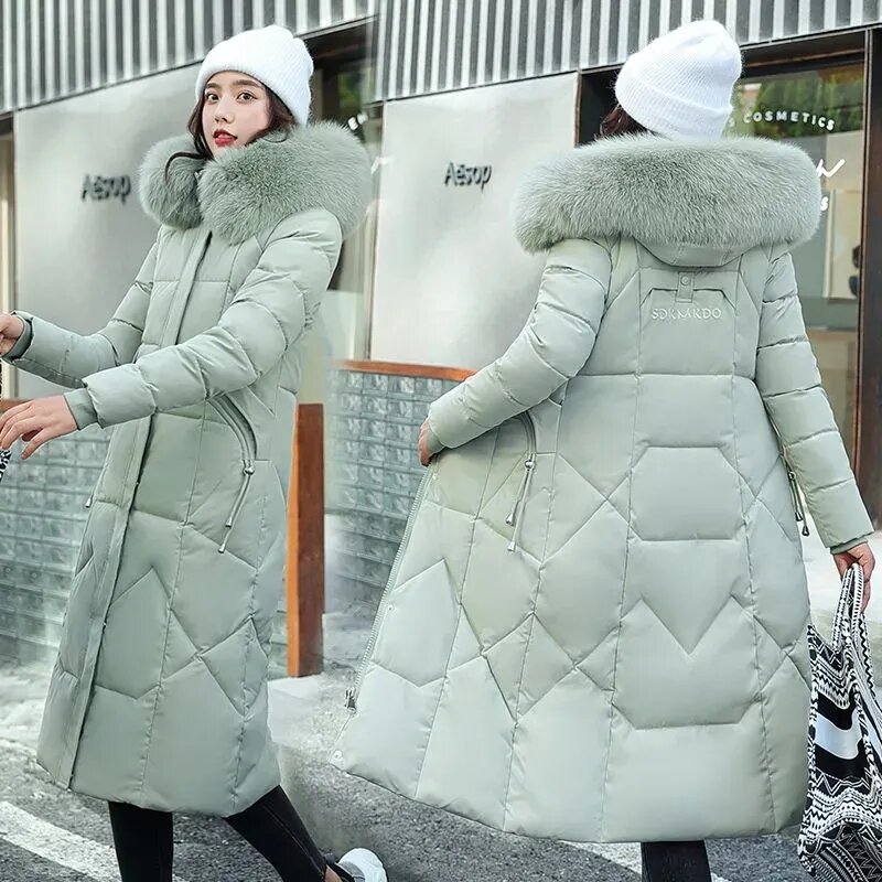 Parka Puffer com capuz para mulheres, casaco longo, casaco grosso de algodão quente, casaco de neve à prova de vento, moda feminina, novo inverno, 2023
